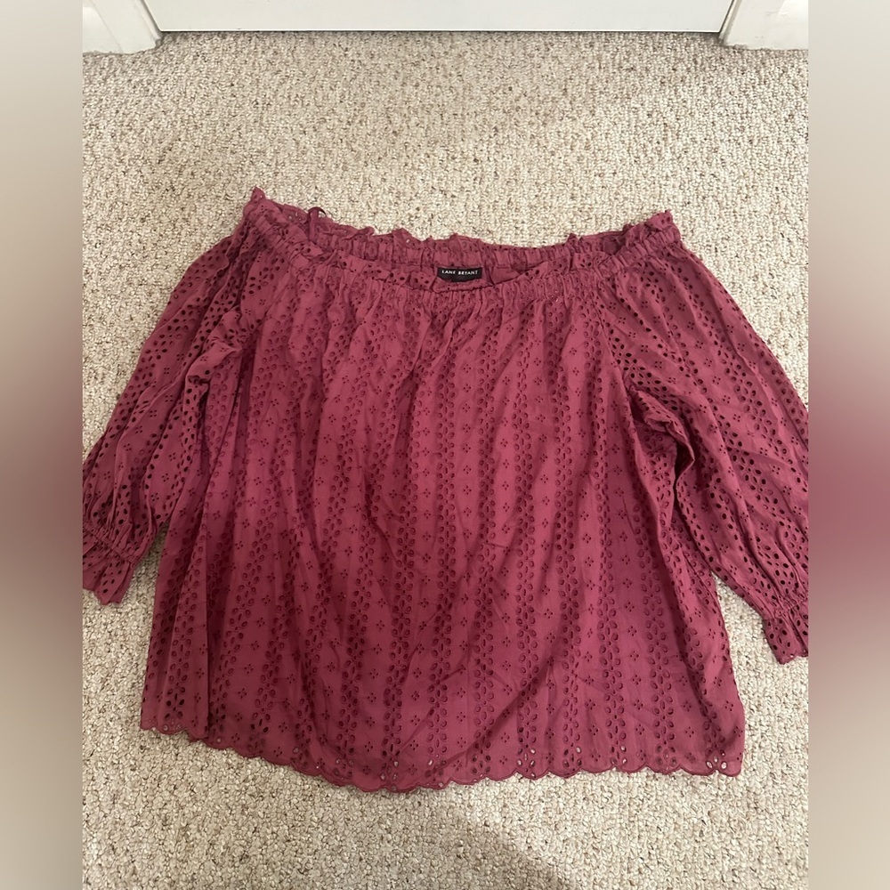 lane bryant 26 28 off the shoulder laser cut maroon long sleeve shirt Trendy - Picture 5 of 8